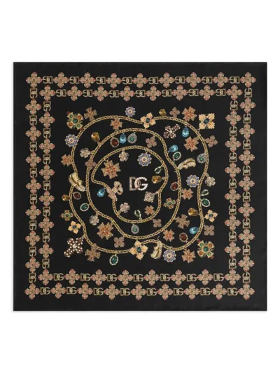 Dolce & Gabbana Floral Crystal Foulard Silk Scarf In Brown