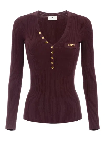 Elisabetta Franchi Fitted Ribbed Knit Top With Decorative Buttons And Gold Accent In Red