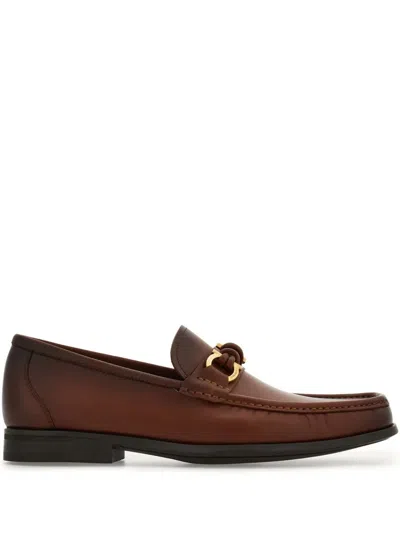 Ferragamo Alain Leather Loafers Gold-tone Hardware Round Toe In Brown
