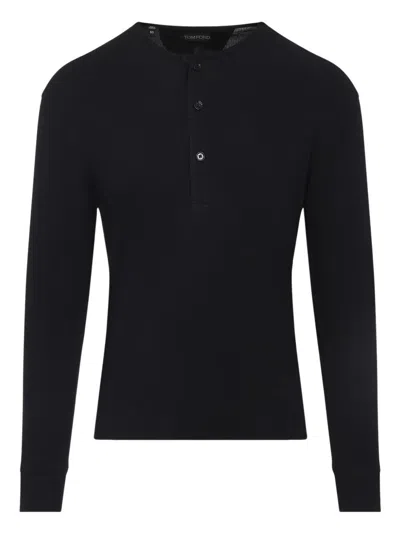 Tom Ford Henley Cotton Stretch Ribbed Long Sleeved T-shirt In Black