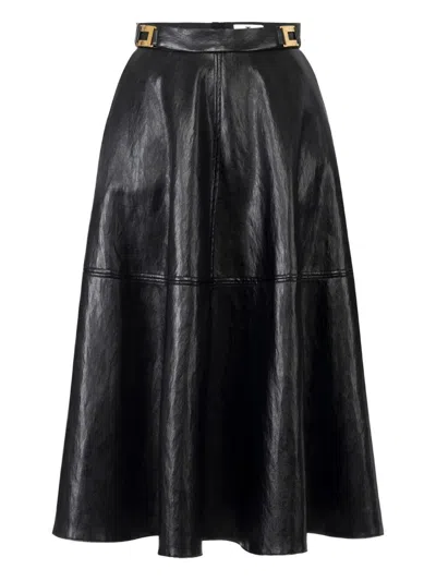 Elisabetta Franchi Crackled Leather-effect Synthetic Maxi Skirt With Flared Hem In Black