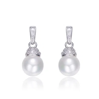 Genevive Jewelry Women's White / Silver Sterling Silver Cubic Zirconia Drop Earrings With Iridiscent Beads In Multi