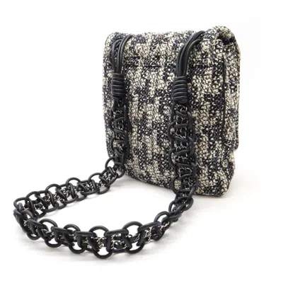 Pre-owned Chanel Camellia Black Ivory Navy Tweed Leather Shoulder Bag ()