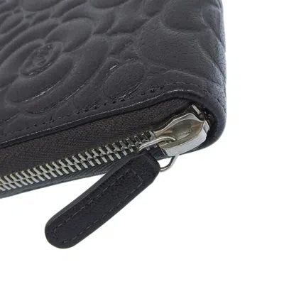 Pre-owned Chanel Camellia Dark Gray Leather Long Wallet (bi-fold) ()