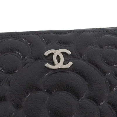 Pre-owned Chanel Camellia Dark Gray Leather Long Wallet (bi-fold) ()