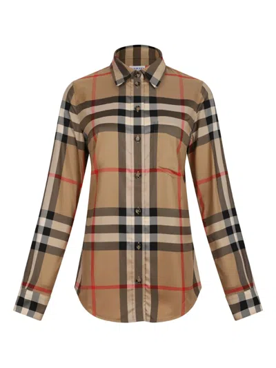 Burberry Check Pattern Collared Neck Cuffed Long Sleeves In Brown