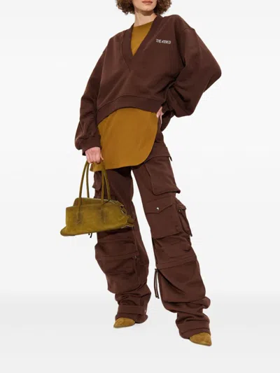 Attico Brown Cropped Sweatshirt With V Neck And Logo Lettering On The Front In Cotton Woman In Brown