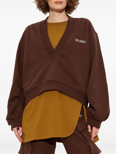 Attico Brown Cropped Sweatshirt With V Neck And Logo Lettering On The Front In Cotton Woman In Brown