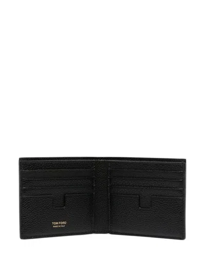 Tom Ford Men Black Bi-fold Wallet With Gold-colored Embossed Logo In Grainy Leather Man In Black