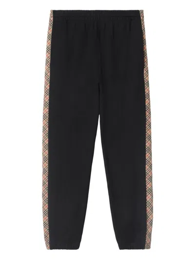 Burberry Black Jogging Trousers With Check Motif Detail In Multi