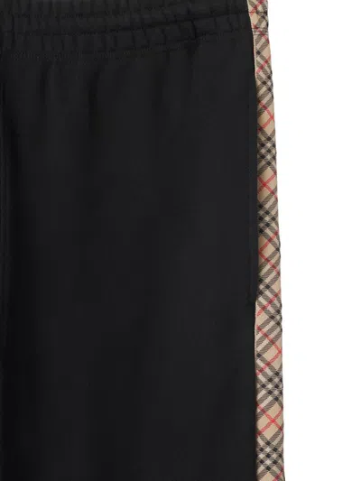 Burberry Black Jogging Trousers With Check Motif Detail In Multi