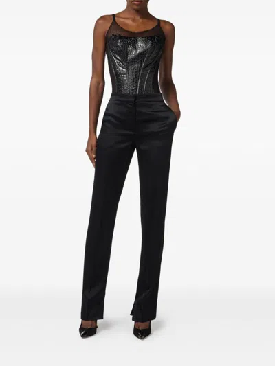 Elisabetta Franchi Bustier Top With Crocodile Texture And Sheer Panels In Black