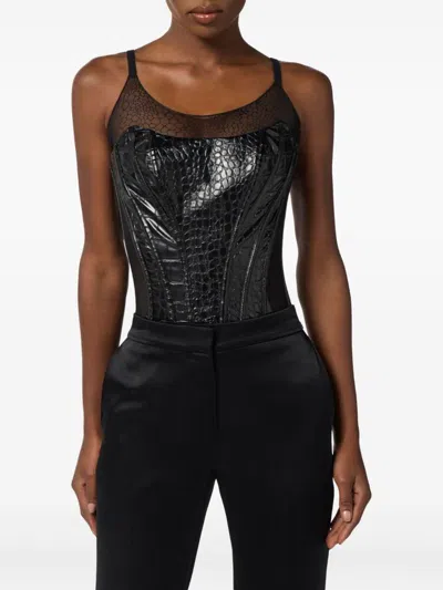 Elisabetta Franchi Bustier Top With Crocodile Texture And Sheer Panels In Black