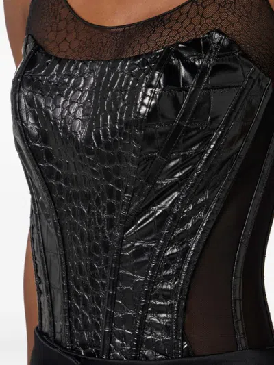 Elisabetta Franchi Bustier Top With Crocodile Texture And Sheer Panels In Black