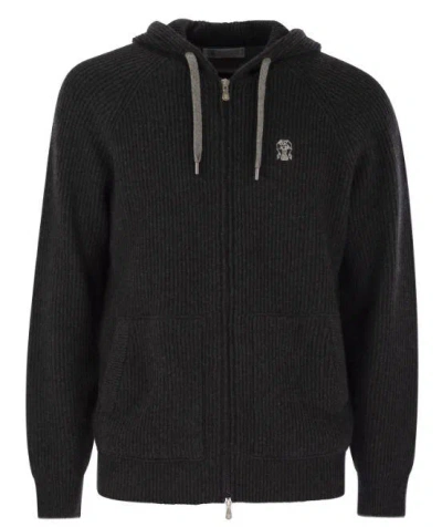 Brunello Cucinelli Cashmere Zip-up Hoodie Featuring Drawstring Hood In Green