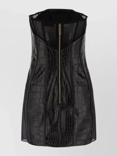Elisabetta Franchi Croc-embossed Sheer Paneling Sleeveless Dress In Black