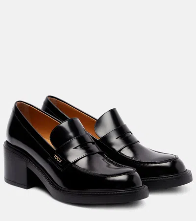 Tod's Leather Loafers With Round Toe And Block Heel In Black