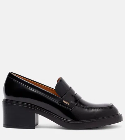 Tod's Leather Loafers With Round Toe And Block Heel In Black