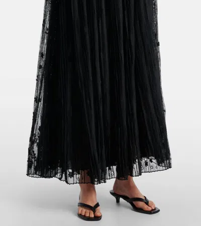 Totême Floral Embroidered Plisse Tulle Maxi Dress In Black