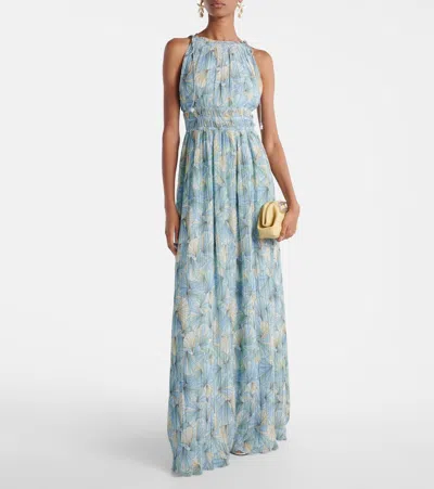Veronica Beard Yardley Floral Pleated Chiffon Gown In Blue