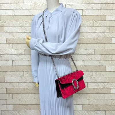 Pre-owned Gucci Black Red Color Velvet Leather Shoulder Bag ()