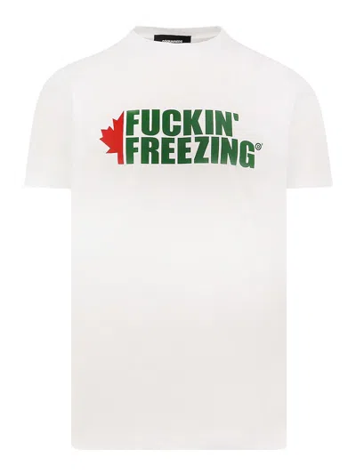 Dsquared2 White Crewneck T-shirt With Print On The Front And Logo Lettering On The Rear In White