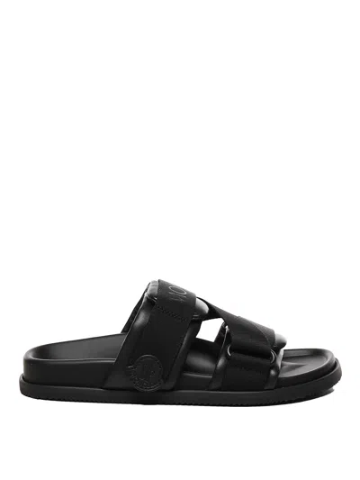 Moncler Black Leather And Fabric Sandals In Animal Print