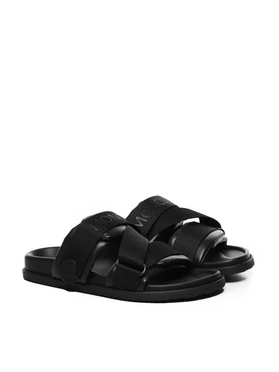 Moncler Black Leather And Fabric Sandals In Animal Print