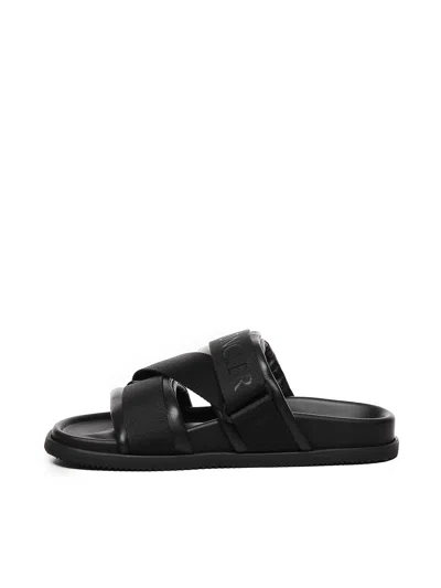 Moncler Black Leather And Fabric Sandals In Animal Print