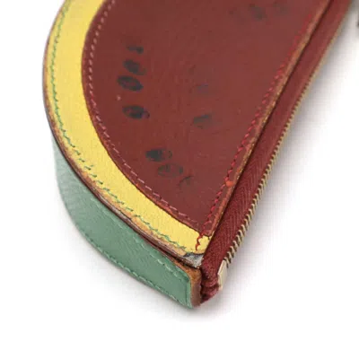 Pre-owned Hermes Bordeaux Green Yellow Leather Coin Purse/coin Case ()