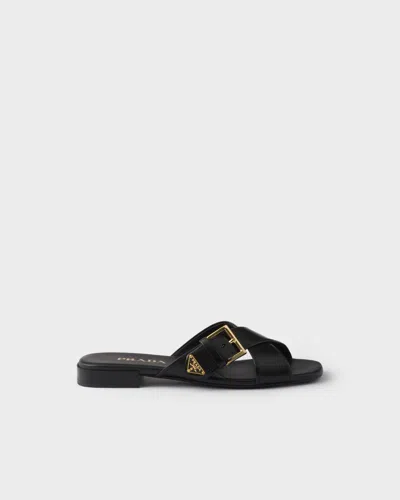 Prada Leather Crisscross Slides With Buckle Shoes In Black