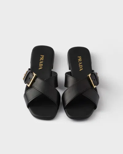 Prada Leather Crisscross Slides With Buckle Shoes In Black