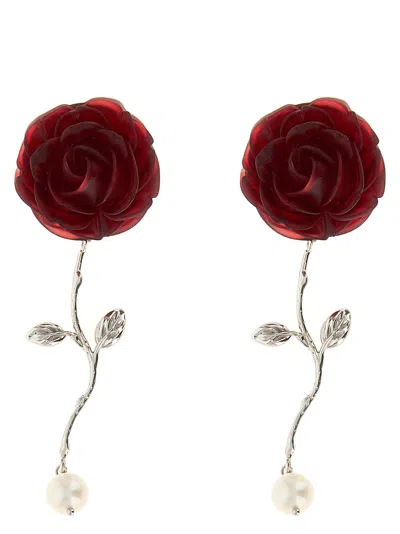 Magda Butrym Red Rose Stem Earrings With Pearl Drop In Red