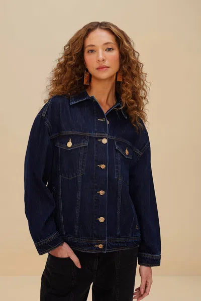 Farm Rio Dark Denim Buttoned Jacket In Blue