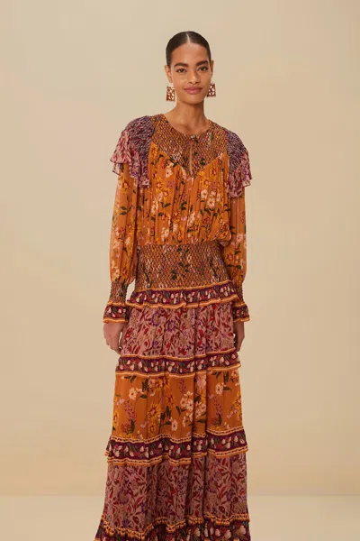 Farm Rio Colorful Birds Camel Smocking Long Sleeve Maxi Dress