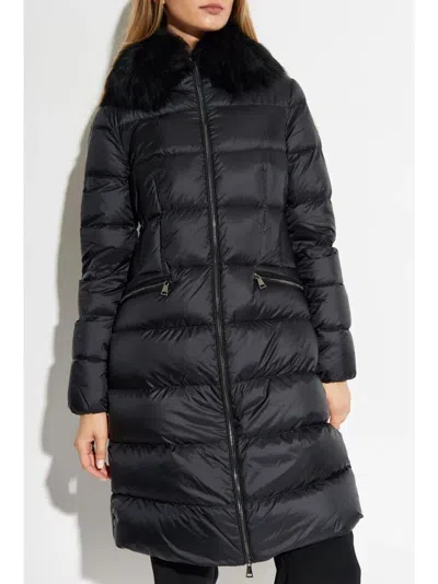 Moncler Boedic Hooded Shearling-trimmed Long Down Jacket Clothing In Black
