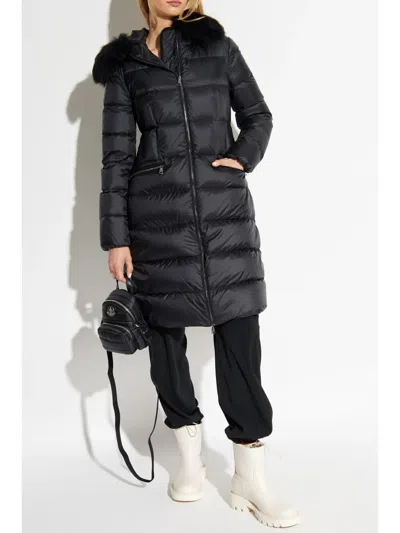Moncler Boedic Hooded Shearling-trimmed Long Down Jacket Clothing In Black