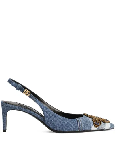 Dolce & Gabbana Denim Patchwork Slingback With Embroidery In Blue