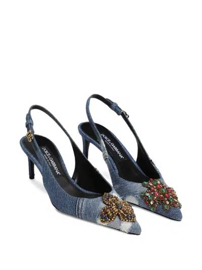 Dolce & Gabbana Denim Patchwork Slingback With Embroidery In Blue