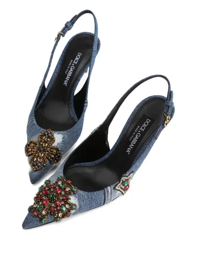 Dolce & Gabbana Denim Patchwork Slingback With Embroidery In Blue