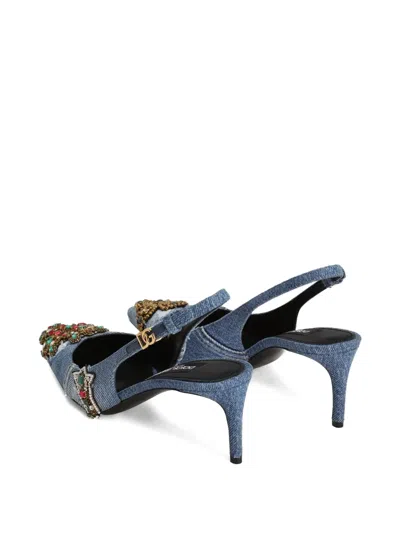 Dolce & Gabbana Denim Patchwork Slingback With Embroidery In Blue