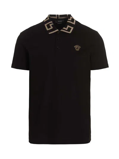 Versace Geometric Patterned Black Polo Shirt With Classic Placket In Black
