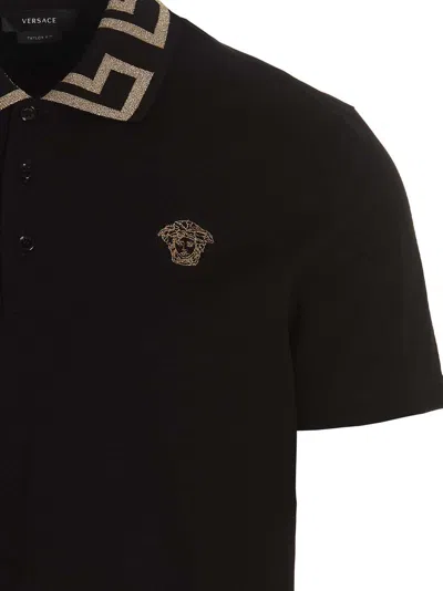 Versace Geometric Patterned Black Polo Shirt With Classic Placket In Black