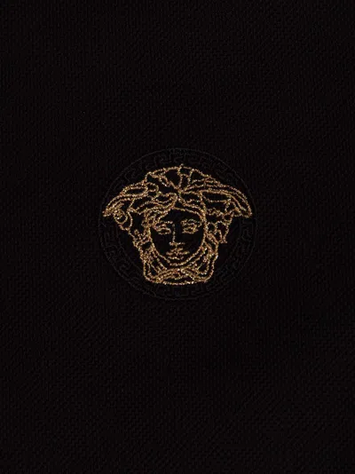 Versace Geometric Patterned Black Polo Shirt With Classic Placket In Black