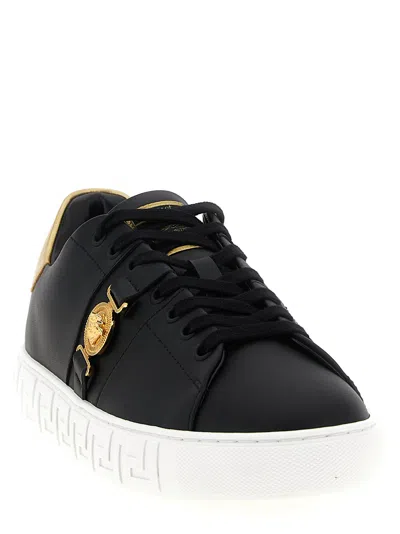 Versace Black Low Top Sneakers With Contrasting Heel With Logo Lettering And Medusa Plaque In Tech Fabric Ma