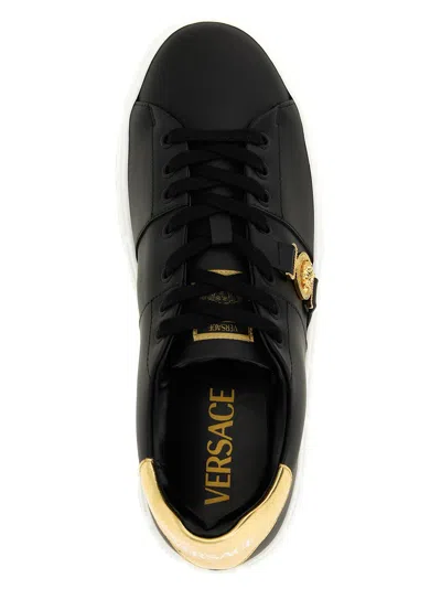 Versace Black Low Top Sneakers With Contrasting Heel With Logo Lettering And Medusa Plaque In Tech Fabric Ma