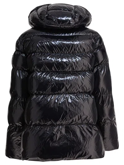 Pinko Oversized Black Puffy Coat With Glossy Finish And Hood In Black