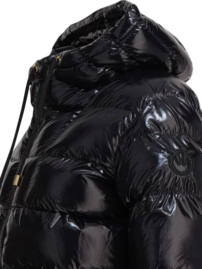 Pinko Oversized Black Puffy Coat With Glossy Finish And Hood In Black