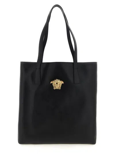Versace La Medusa North-south Leather Tote Bag In Black