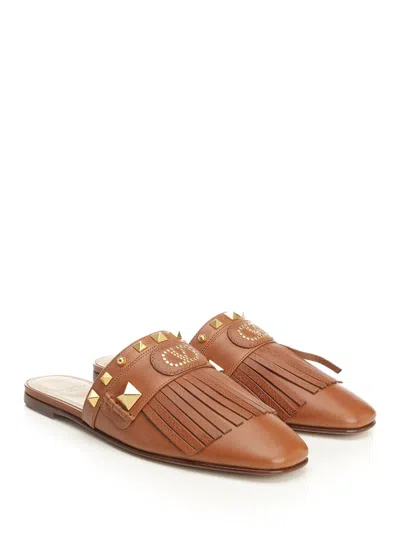 Valentino Leather Clog With Fringes Sandals Brown